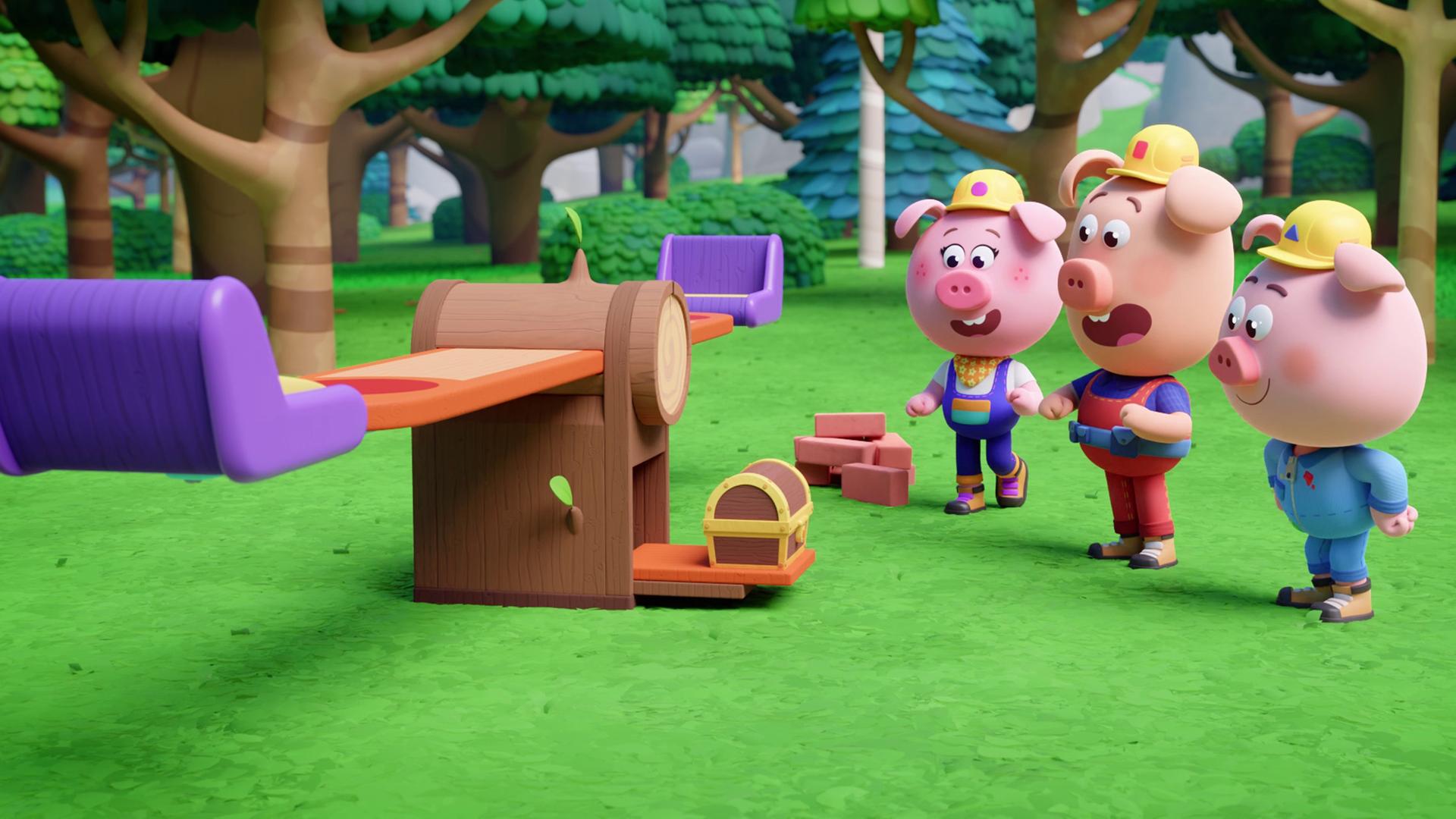 Die drei Werkel-Ferkel Caesar, Charlie und Cornelia stehen staunend vor einer Wippe mit zwei lilafarbenen Sitzen. Aus dem Fuß der Wippe ist eine Schublade ausgefahren, in der eine Schatztruhe steht. Im Hintergrund sehen wir Wald.