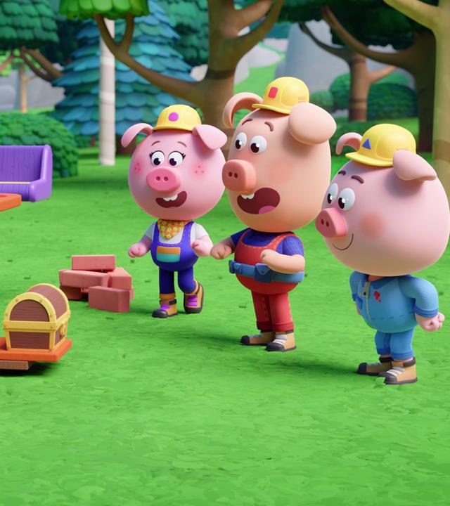 Die drei Werkel-Ferkel Caesar, Charlie und Cornelia stehen staunend vor einer Wippe mit zwei lilafarbenen Sitzen. Aus dem Fuß der Wippe ist eine Schublade ausgefahren, in der eine Schatztruhe steht. Im Hintergrund sehen wir Wald.