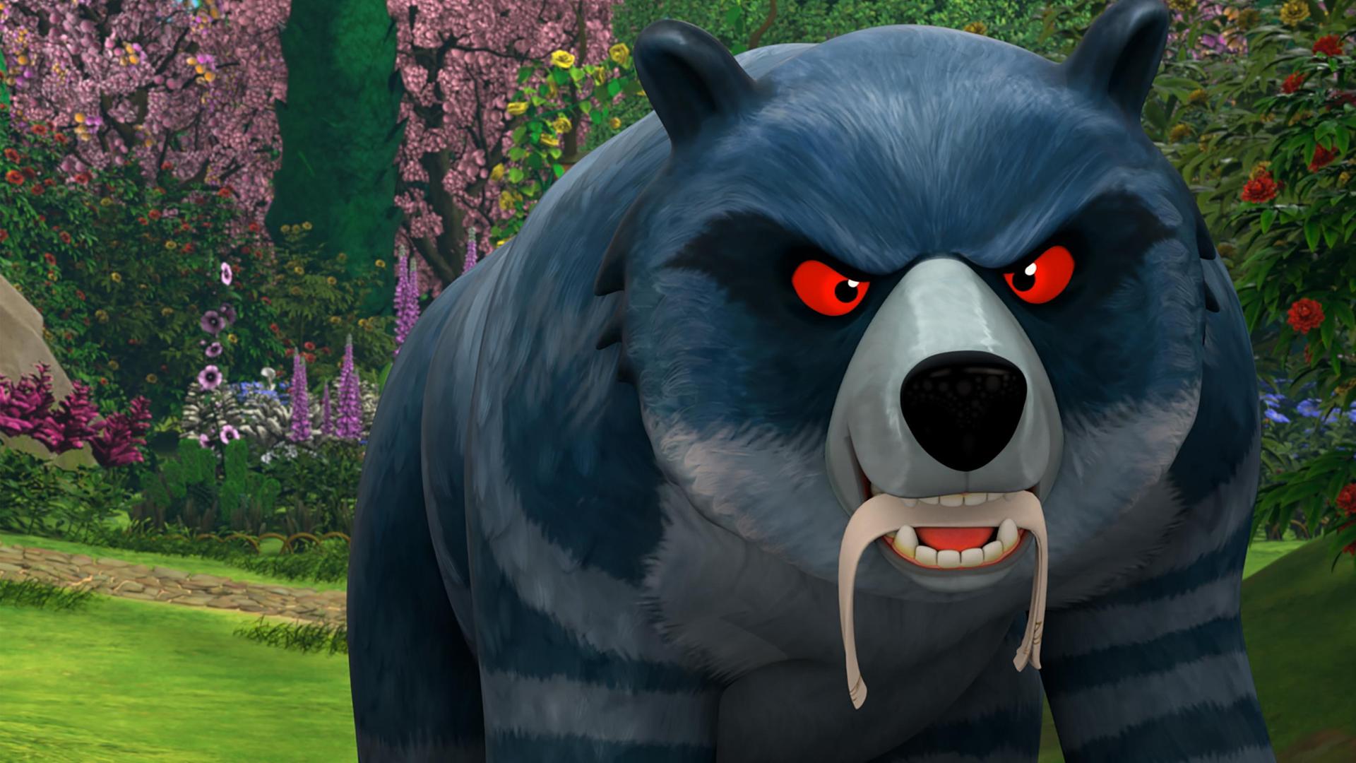 Ein gefährlich aussehender Bär mit rot glühenden Augen und grau gestreiftem Fell läuft durch Katells Garten. Er trägt etwas in seinem Maul.