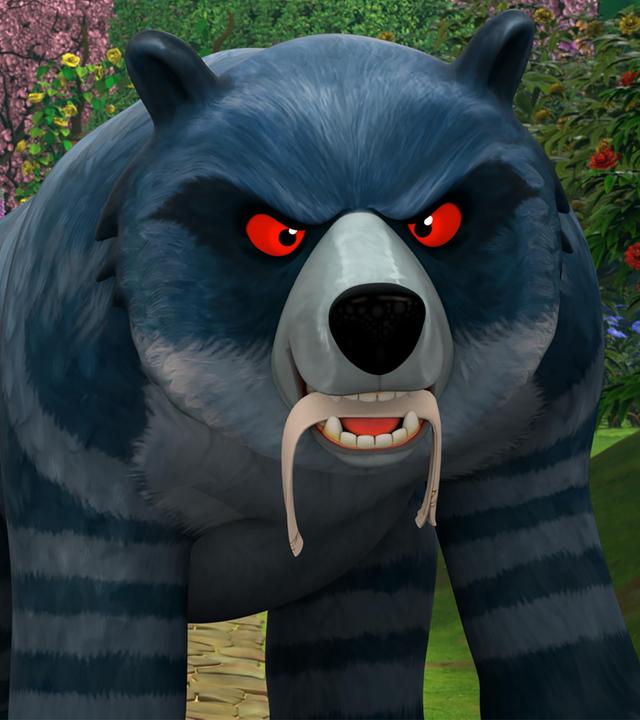 Ein gefährlich aussehender Bär mit rot glühenden Augen und grau gestreiftem Fell läuft durch Katells Garten. Er trägt etwas in seinem Maul.