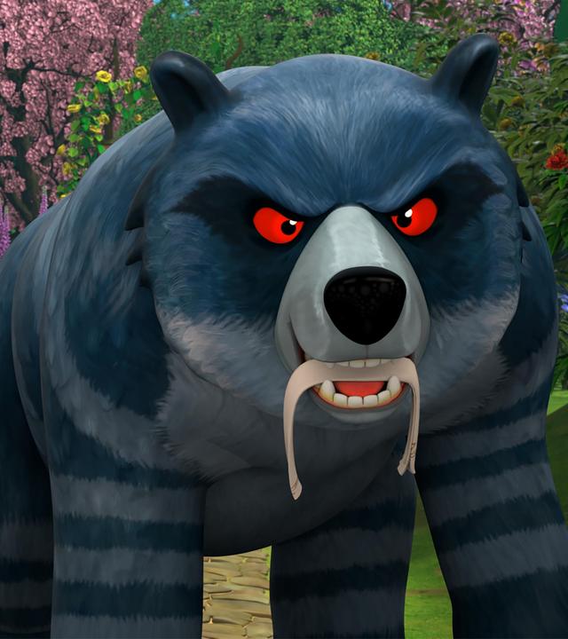 Ein gefährlich aussehender Bär mit rot glühenden Augen und grau gestreiftem Fell läuft durch Katells Garten. Er trägt etwas in seinem Maul.