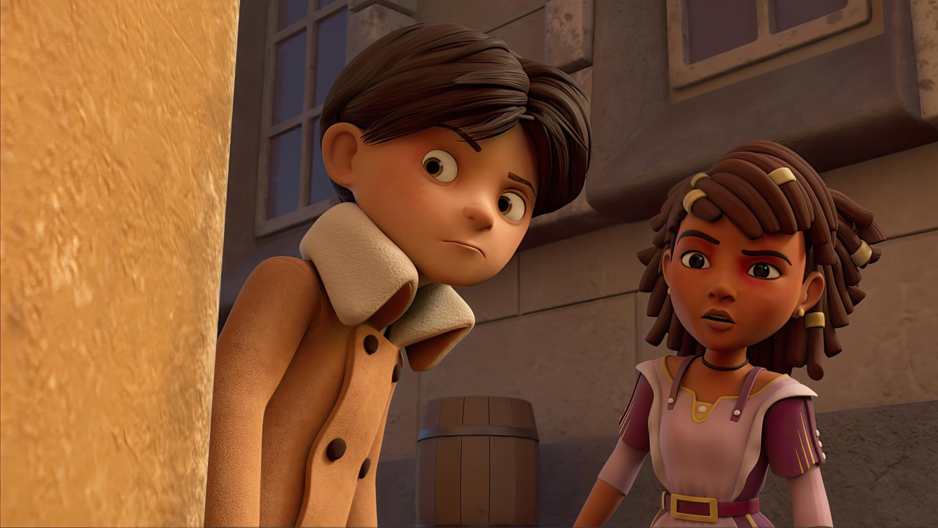 Klincus und Ailina haben sich in einer Seitengasse in Umghard versteckt und beobachten mit ernstem Blick das Geschehen.