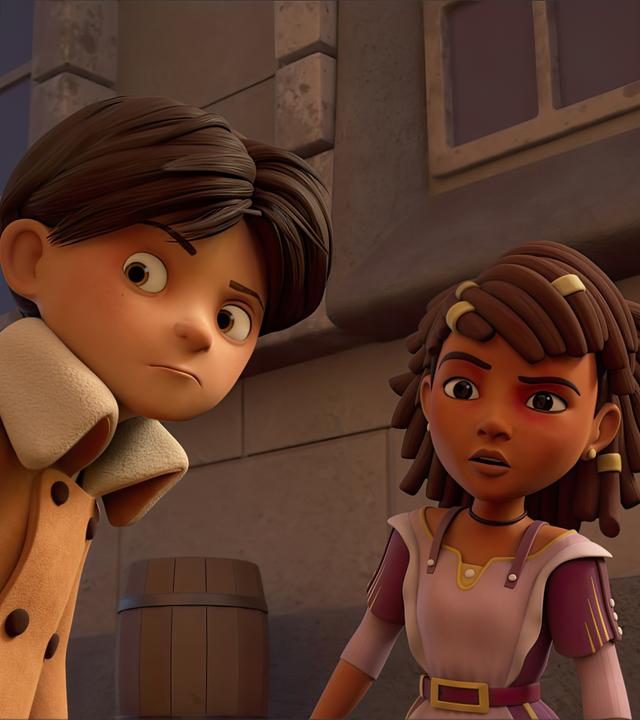 Klincus und Ailina haben sich in einer Seitengasse in Umghard versteckt und beobachten mit ernstem Blick das Geschehen.