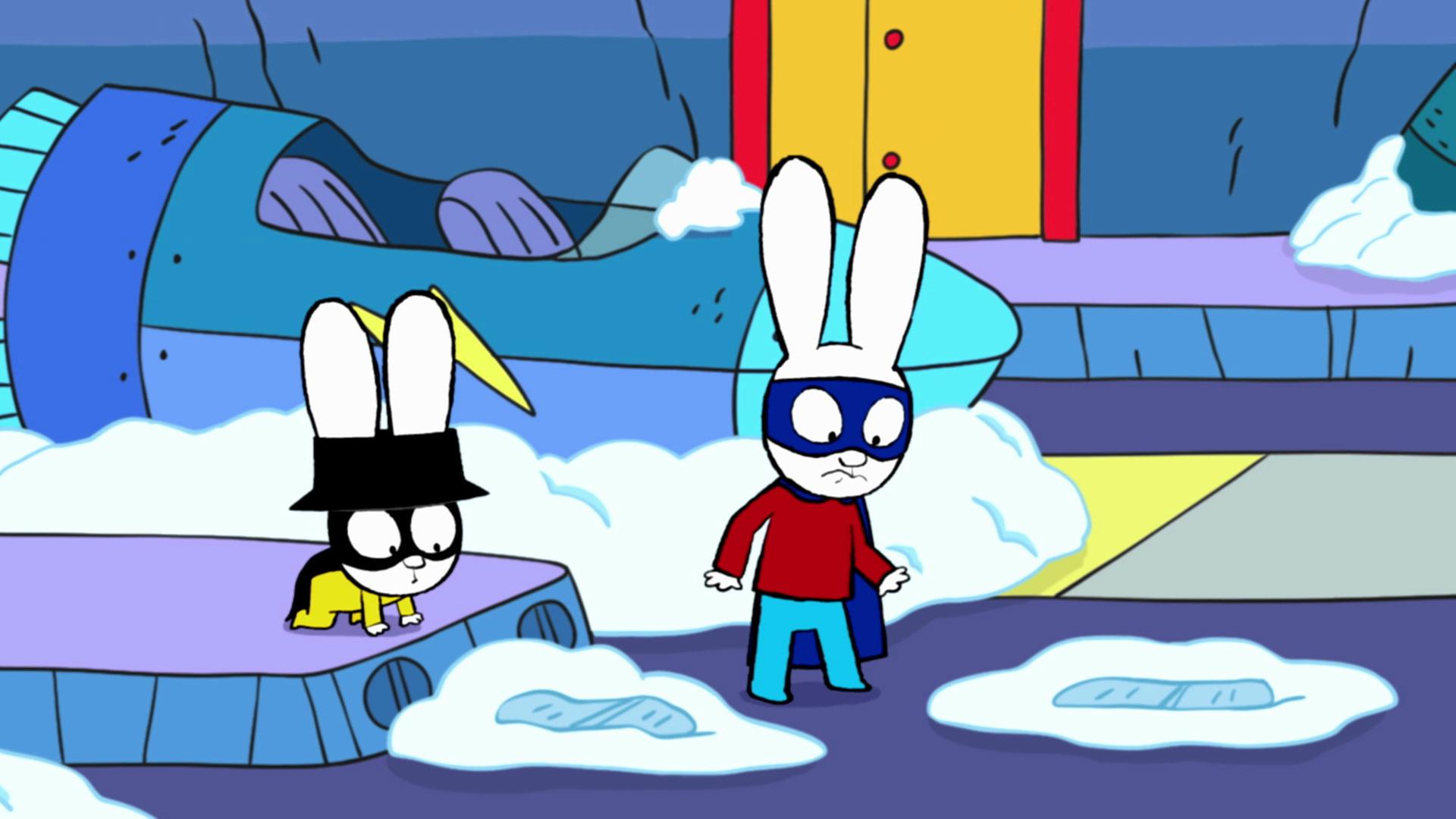 Captain Hase und Superhase beobachten in einem zugefrorenen Raum misstrauisch Fußspuren im Schnee auf dem Boden. Im Hintergrund steht ihr Raumschiff.