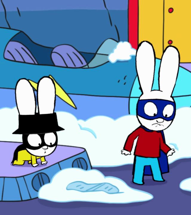 Captain Hase und Superhase beobachten in einem zugefrorenen Raum misstrauisch Fußspuren im Schnee auf dem Boden. Im Hintergrund steht ihr Raumschiff.