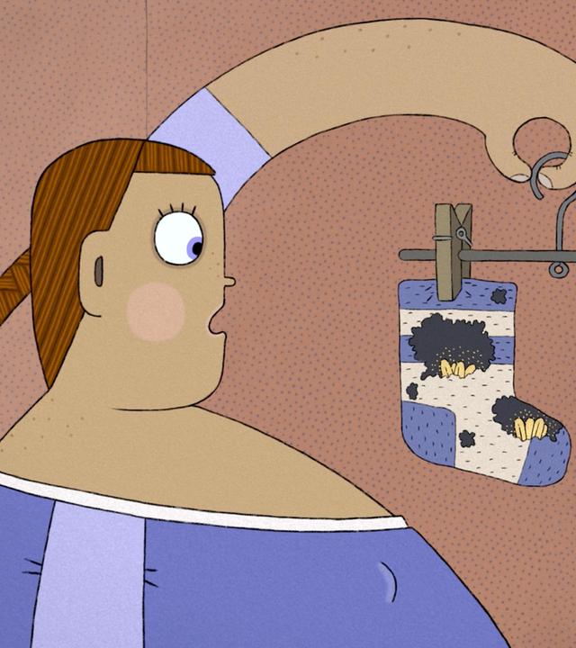 Lena steht in ihrem Zimmer und hält ein paar blau-weiß gestreifte Socken, die an einem Bügel hängen, in die Höhe. Lena sieht erschrocken aus. Kein Wunder, denn ihre Socken sind mit großen Mottenlöchern übersäht.