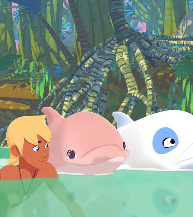 Yann schwimmt mit dem rosa Delfin und Zoom im Fluss.
