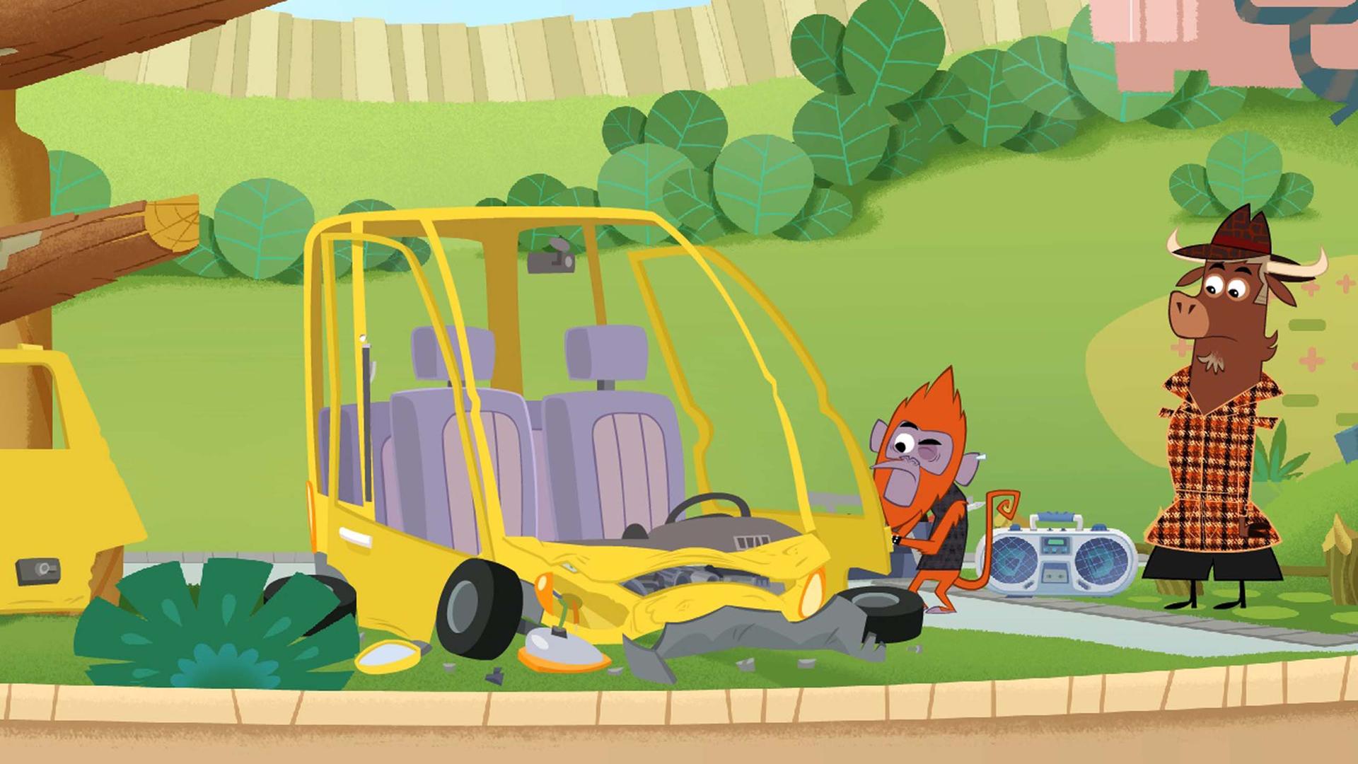 Sherlock Yack bringt sein ramponiertes Auto in die Werkstatt des Brüllaffen. Er schaut sich das Auto mit kritischem Blick an.