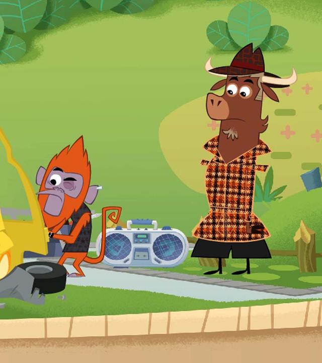 Sherlock Yack bringt sein ramponiertes Auto in die Werkstatt des Brüllaffen. Er schaut sich das Auto mit kritischem Blick an.