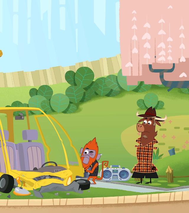 Sherlock Yack bringt sein ramponiertes Auto in die Werkstatt des Brüllaffen. Er schaut sich das Auto mit kritischem Blick an.