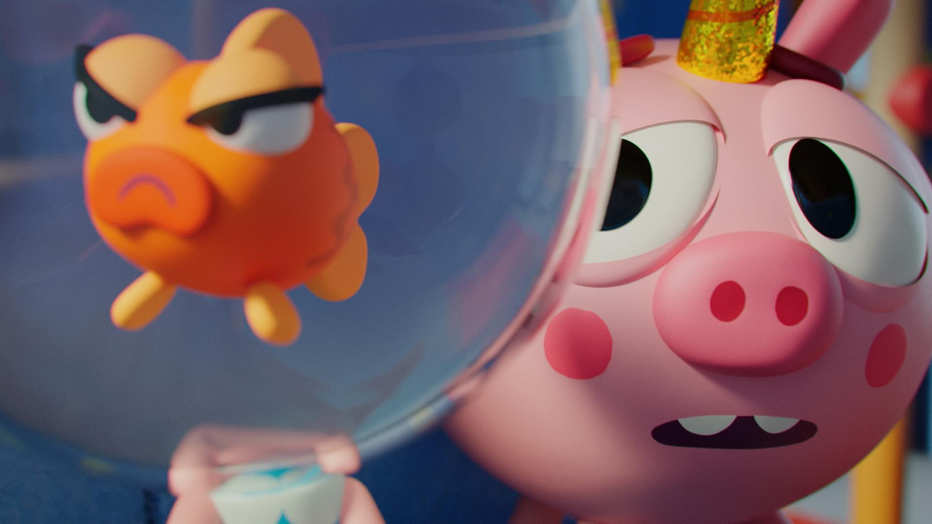 Goldie, das Mädchen mit dem Goldfisch-Kopf, ist wütend. Sie wendet sich von Einhorn-Schwein Ophelia ab, die hinter ihr steht. Ophelia blickt Goldie traurig hinterher.