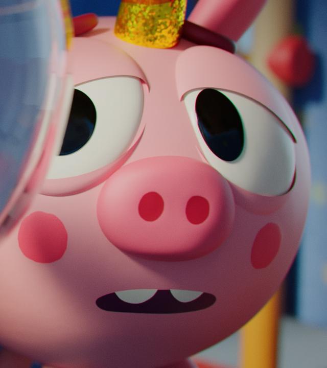 Goldie, das Mädchen mit dem Goldfisch-Kopf, ist wütend. Sie wendet sich von Einhorn-Schwein Ophelia ab, die hinter ihr steht. Ophelia blickt Goldie traurig hinterher.