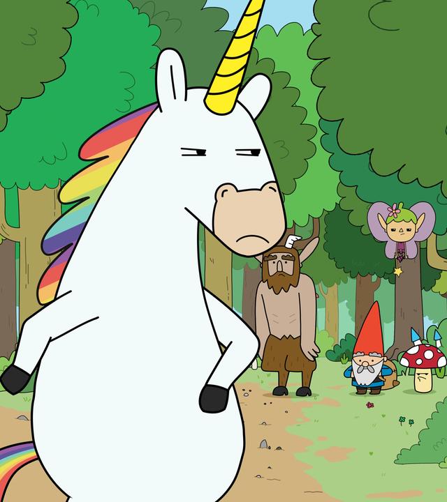 Auf einem Waldweg sitzt Una entspannt mit geschlossenen Augen auf einem Stein, während Blümchen mit zusammengekniffenen Augen neben ihr steht und sich zu ihren Freunden - Hufius, Herbert, Tupfen und Twinkle - umdreht, die weiter hinten mit sehr ernsten Gesichtern wartend zu ihr blicken.