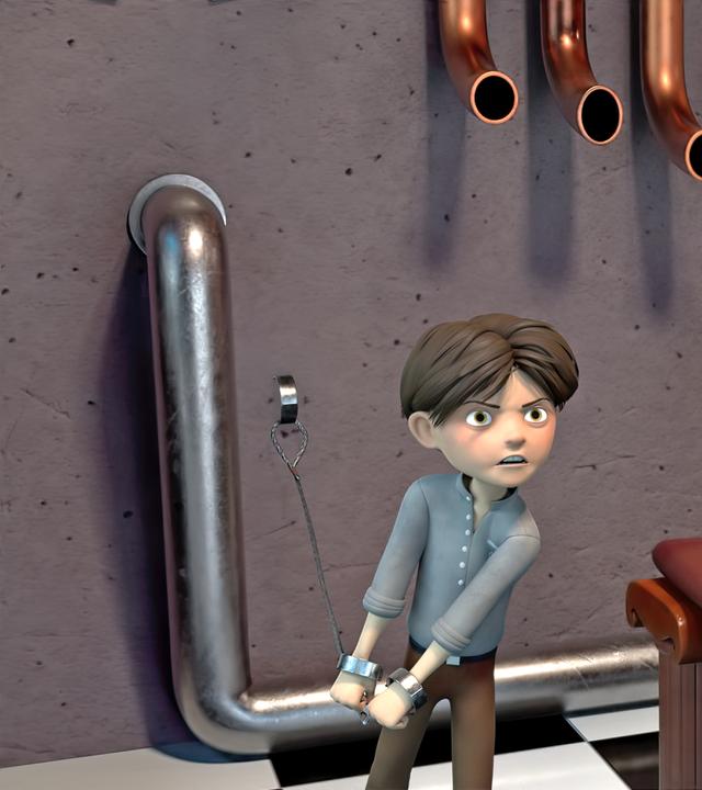 Klincus steht angekettet in Graylocks Büro vor einem Heizungsrohr und schaut seinen Onkel wütend an. Dieser steht fies grinsend mit dem Rücken vor ihm.