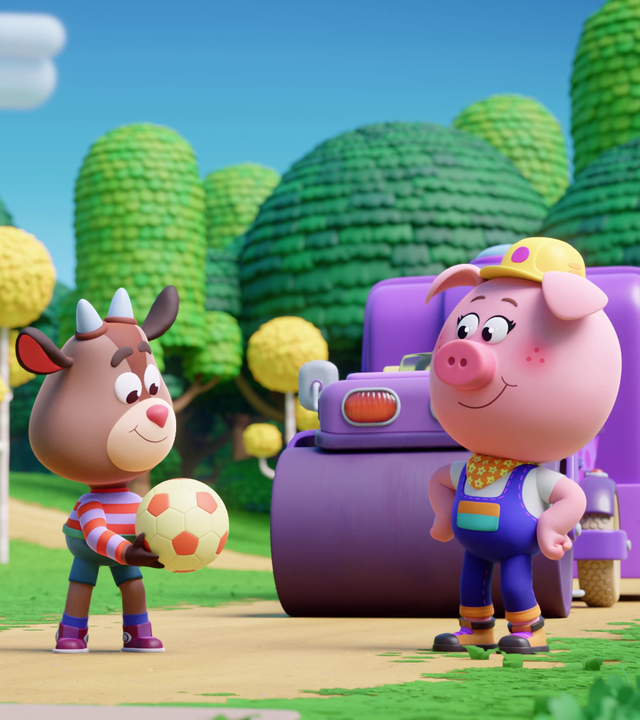 In der Bildmitte steht der Ziegenjunge Kris und hält einen Fußball in der Hand. Er schaut, als wolle er den Ball gleich kicken. Vor ihm steht ein Schweinchen (Cornelia) mit Bauarbeiter-Helm und scheint ihn dazu zu ermuntern. Im Hintergrund sehen wir Fred - er schaut skeptisch und zeigt ein bisschen ängstlich auf den Fußball. Fred ist ein erwachsener, ebenfalls vermenschlichter Damhirsch mit einem lilafarbenen Pullover.