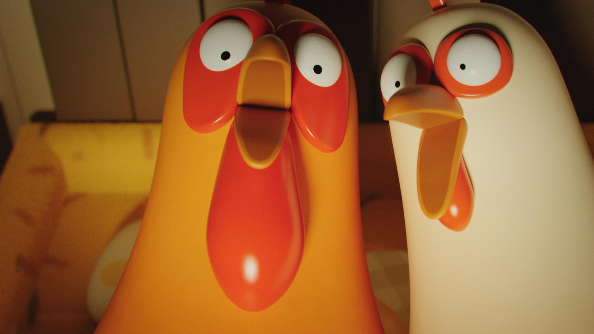 Karlas Eltern stehen hochgeschreckt nebeneinander in ihrem Schlafzimmer. Ihre Augen und Schnäbel sind weit aufgerissen.