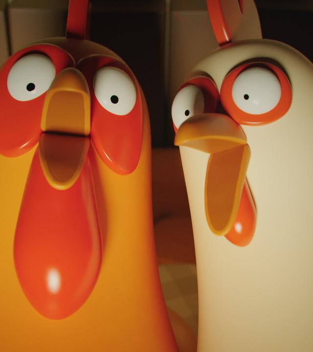 Karlas Eltern stehen hochgeschreckt nebeneinander in ihrem Schlafzimmer. Ihre Augen und Schnäbel sind weit aufgerissen.