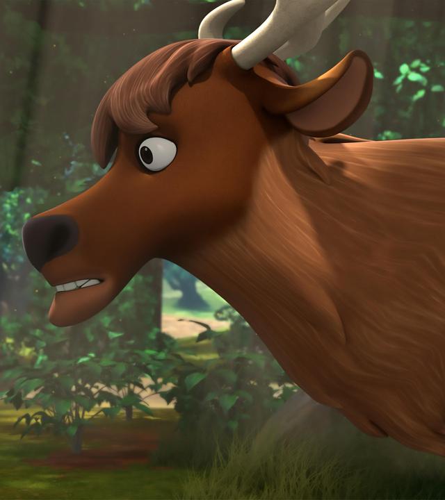 Die Druidin Katell steht vor einem Hirsch im Wald. Der Hirsch blickt sie an. Katell sieht entsetzt und alarmiert aus.