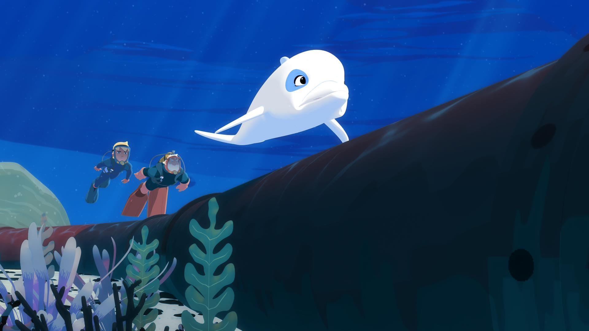 Yann, Onkel Patrick und Zoom schwimmen im Meer entlang einer Öl-Pipeline.