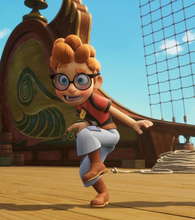 Auf Deck des Schulschiffs Galeone steht Alexander in einer erschrockenen Körperhaltung und hat dabei sein rechtes Bein angezogen. Dolores steht rechts hinter ihm und schaut zu Alexander. Auf Deck sieht man hinter den beiden noch ein zusammengerolltes Seil liegen.