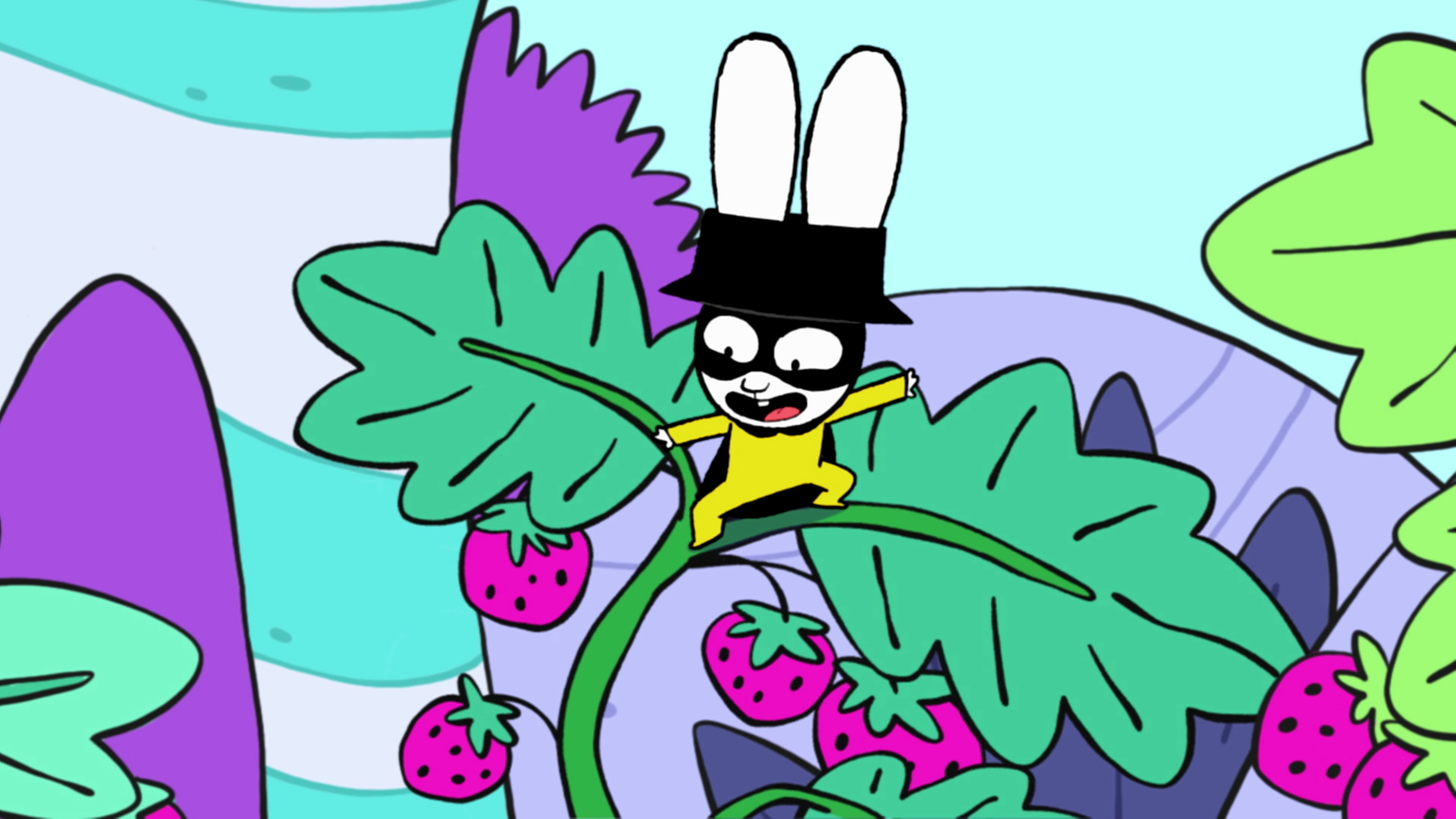  Mutig und entschlossen sitzt Captain Hase auf einem Erdbeerstrauch. An dem Strauch hängen ganz viele Erdbeeren.