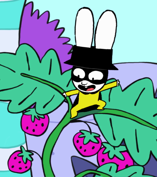  Mutig und entschlossen sitzt Captain Hase auf einem Erdbeerstrauch. An dem Strauch hängen ganz viele Erdbeeren.