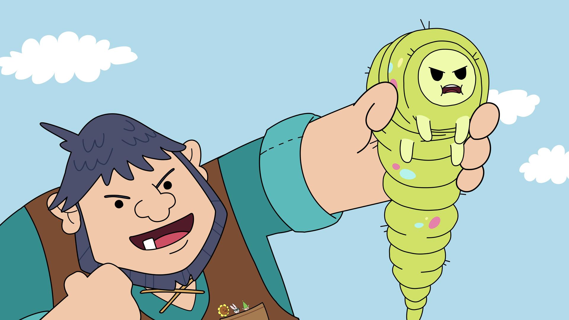 Der Riese Grackle mit dunklen Haaren und Bart hält einen grünen Großen Alten Wurm in seiner nach vorne ausgestreckten linken Hand. Grackle mit einem Zahn im Mund und der Wurm schauen auffordernd nach vorne.