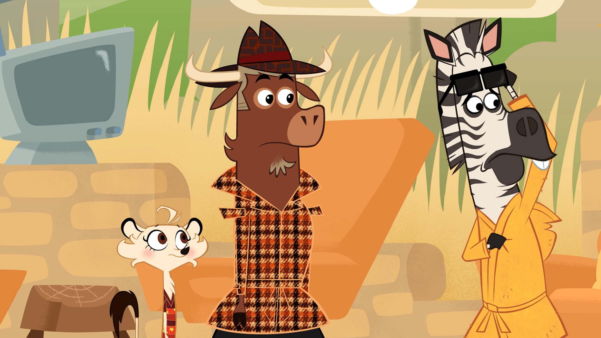 Das Zebra bittet Sherlock Yack und Hermione um Hilfe. Es wurde im Schlaf angepinselt. Es trägt einen Bademantel und eine Sonnenbrille, damit man das angepinselte Muster nicht sieht. Sherlock Yack und Hermione betrachten das Zebra mit verwundertem Blick.