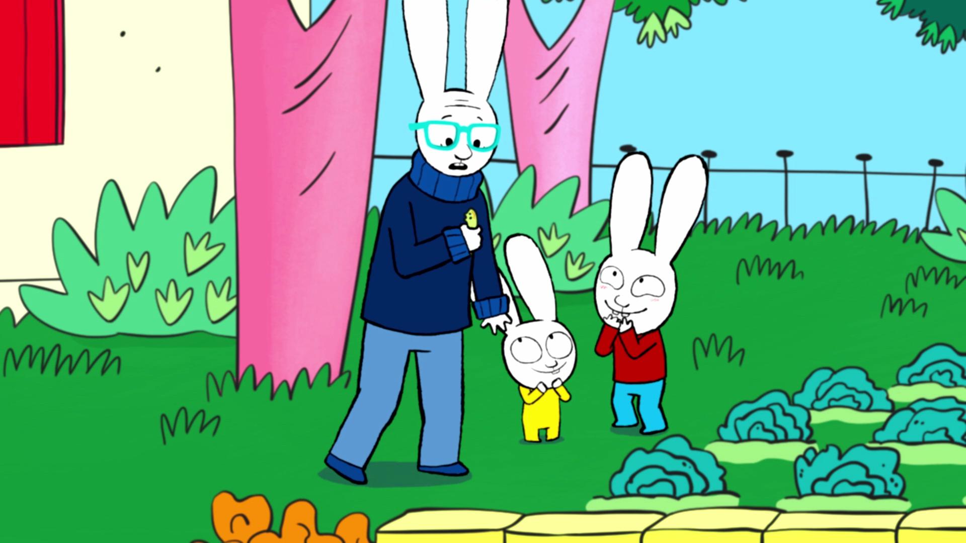 Simon und Franz stehen im Garten, in dem ein Salatbeet angepflanzt ist, und schauen kichernd zu Opa. Opa schaut überrascht in seine rechte Hand, in der er eine grüne Schnecke aus Knetgummi hält.