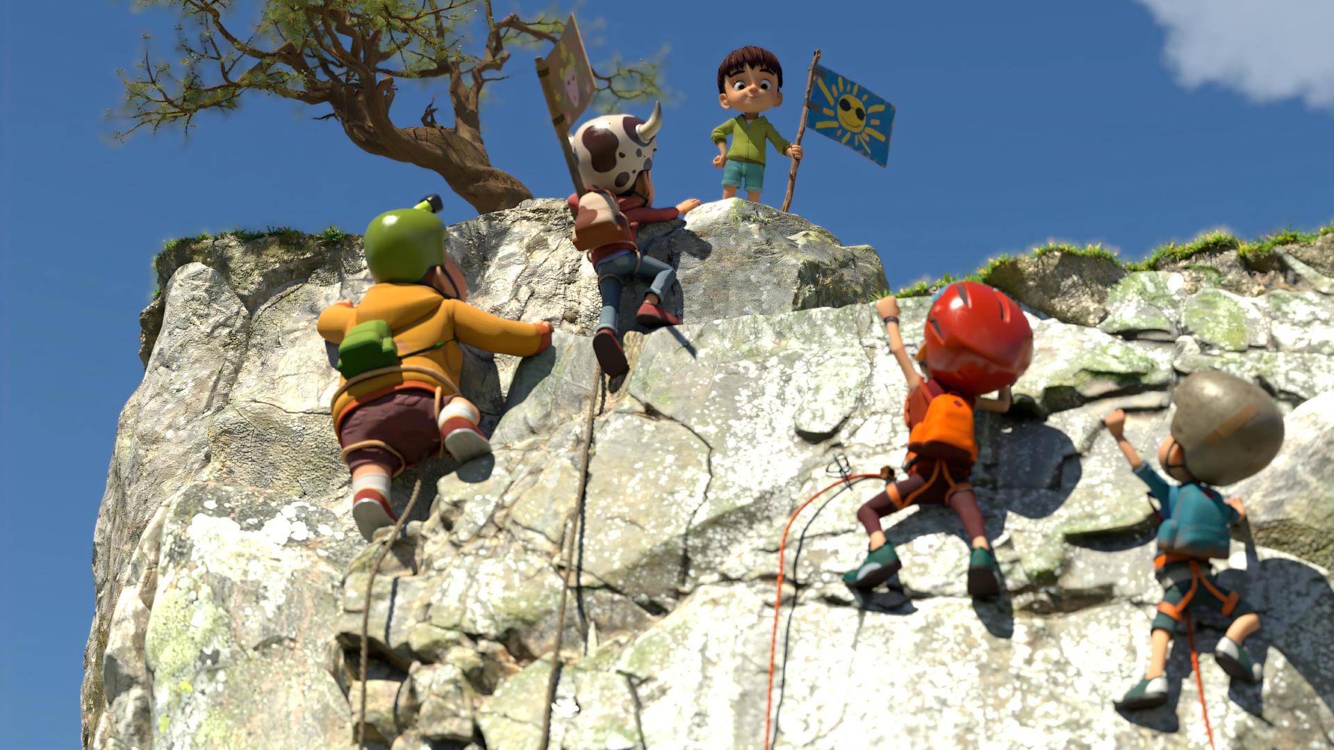 An einem steilen Felsen klettern vier Kinder, ausgestattet mit Schutzausrüstung und Helmen. Fast alle haben die Spitze schon erreicht. Oben steht, mit einer selbstgebastelten und mit einer Sonne bemalten Fahne, Kleiner Fuß und blickt erwartungsvoll den Teams entgegen.