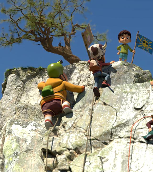 An einem steilen Felsen klettern vier Kinder, ausgestattet mit Schutzausrüstung und Helmen. Fast alle haben die Spitze schon erreicht. Oben steht, mit einer selbstgebastelten und mit einer Sonne bemalten Fahne, Kleiner Fuß und blickt erwartungsvoll den Teams entgegen.
