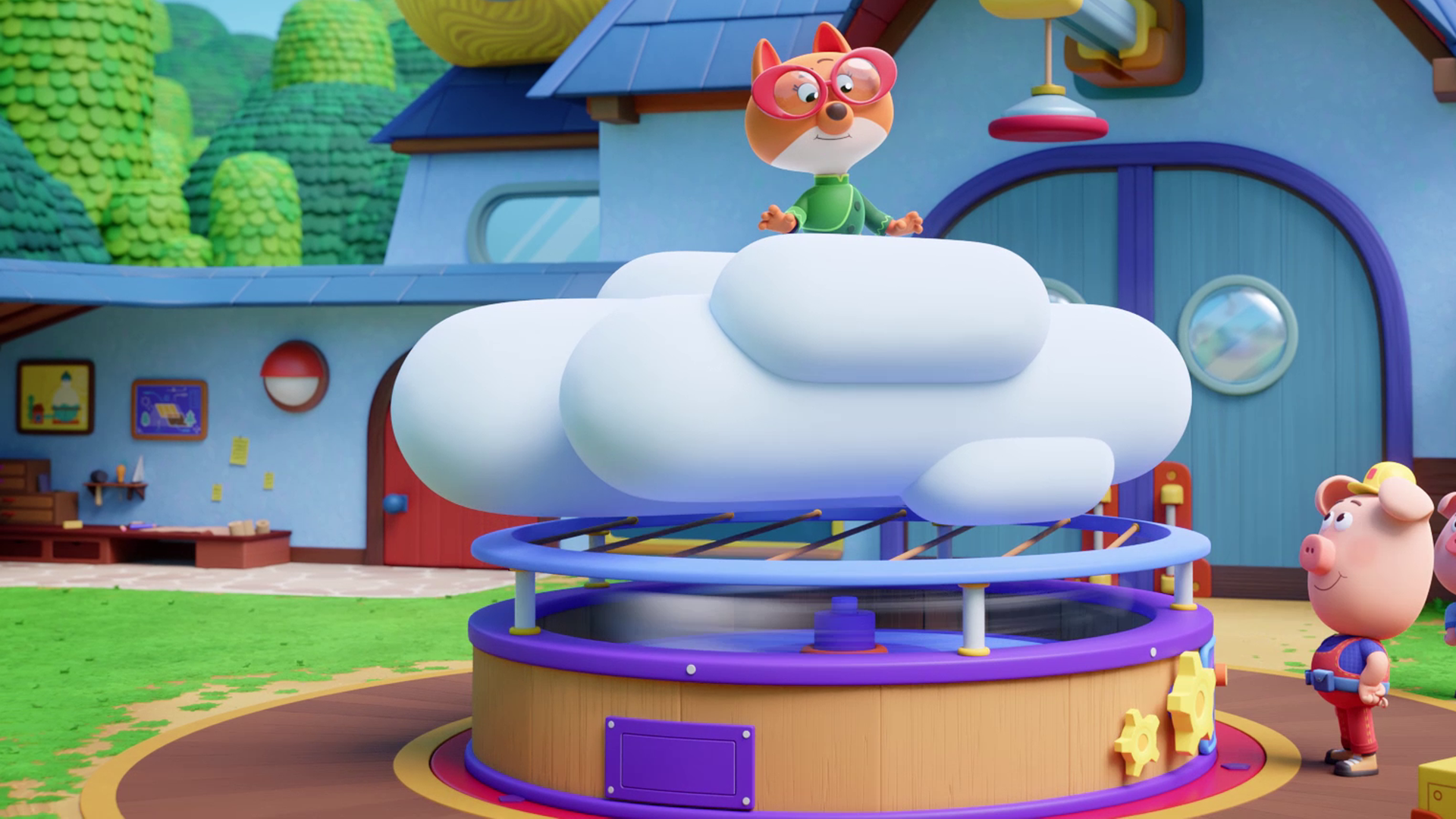 Wir sehen die drei Werkel-Ferkel neben einer weißen Wolke stehen. Die Wolke ist eine Nachbildung einer echten Wolke. Auf der Wolke sitzt die Füchsin Fiona mit ihrer großen, roten Brille und scheint sich zu fragen, warum die Wolke nicht schwebt. Um sie schweben zu lassen, liegt die Wolke auf einer runden Apparatur - ein kleiner Schaltkasten mit Hebeln ist im Bildvordergrund zu sehen.