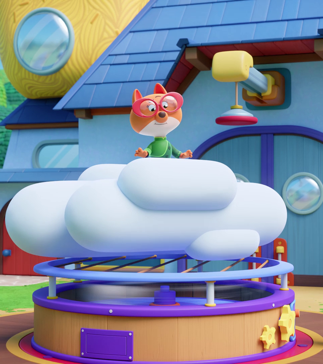 Wir sehen die drei Werkel-Ferkel neben einer weißen Wolke stehen. Die Wolke ist eine Nachbildung einer echten Wolke. Auf der Wolke sitzt die Füchsin Fiona mit ihrer großen, roten Brille und scheint sich zu fragen, warum die Wolke nicht schwebt. Um sie schweben zu lassen, liegt die Wolke auf einer runden Apparatur - ein kleiner Schaltkasten mit Hebeln ist im Bildvordergrund zu sehen.