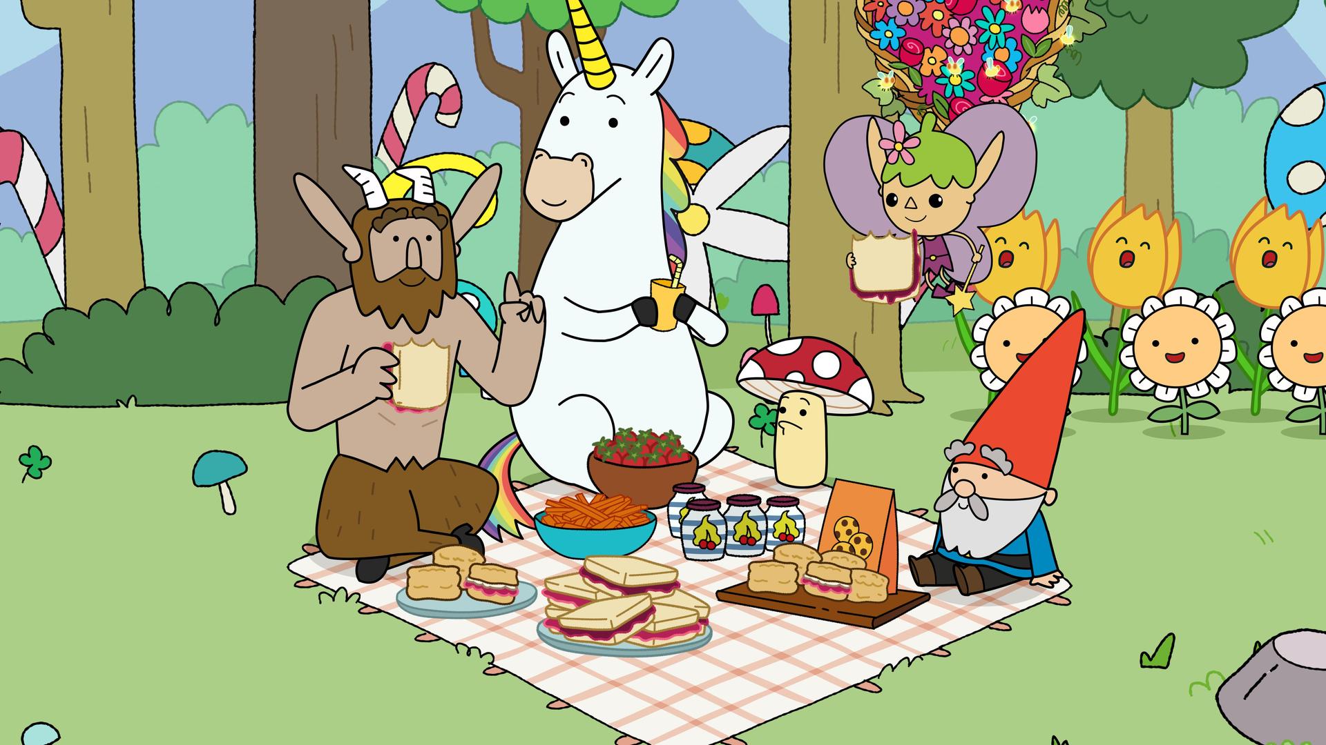 Im Wald auf einer Lichtung sitzen Hufius, Blümchen, Tupfen und Herbert auf einer Picknickdecke, die mit Toasts, Küchlein und anderen Leckereien gedeckt ist. Twinkle schwebt über ihnen und hat einen Toast in der Hand. Hufius hält eine Hand mit erhobenem Zeigefinger nach vorne. Die anderen blicken zu ihm. Rechts hinter ihnen sind singende Blumen, die alle den Mund geöffnet haben.