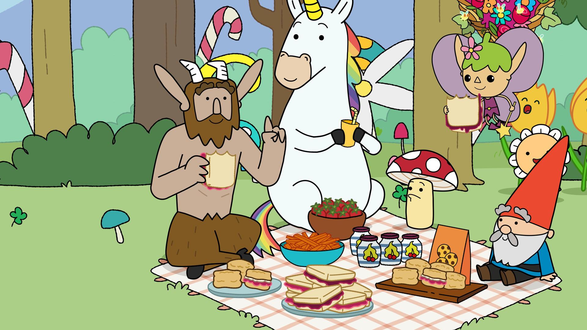 Im Wald auf einer Lichtung sitzen Hufius, Blümchen, Tupfen und Herbert auf einer Picknickdecke, die mit Toasts, Küchlein und anderen Leckereien gedeckt ist. Twinkle schwebt über ihnen und hat einen Toast in der Hand. Hufius hält eine Hand mit erhobenem Zeigefinger nach vorne. Die anderen blicken zu ihm. Rechts hinter ihnen sind singende Blumen, die alle den Mund geöffnet haben.