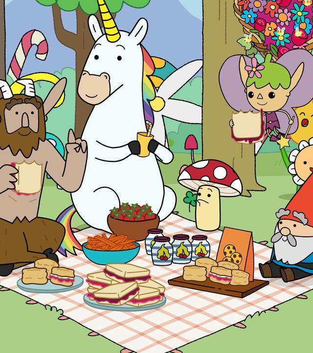 Im Wald auf einer Lichtung sitzen Hufius, Blümchen, Tupfen und Herbert auf einer Picknickdecke, die mit Toasts, Küchlein und anderen Leckereien gedeckt ist. Twinkle schwebt über ihnen und hat einen Toast in der Hand. Hufius hält eine Hand mit erhobenem Zeigefinger nach vorne. Die anderen blicken zu ihm. Rechts hinter ihnen sind singende Blumen, die alle den Mund geöffnet haben.