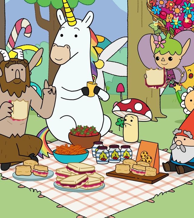 Im Wald auf einer Lichtung sitzen Hufius, Blümchen, Tupfen und Herbert auf einer Picknickdecke, die mit Toasts, Küchlein und anderen Leckereien gedeckt ist. Twinkle schwebt über ihnen und hat einen Toast in der Hand. Hufius hält eine Hand mit erhobenem Zeigefinger nach vorne. Die anderen blicken zu ihm. Rechts hinter ihnen sind singende Blumen, die alle den Mund geöffnet haben.