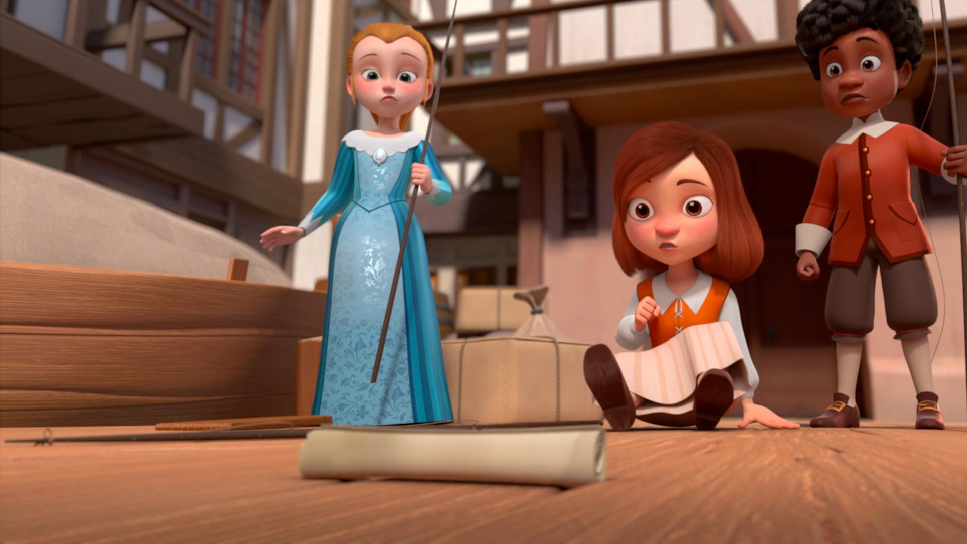 Charlotte sitzt auf dem Boden, vor ihr eine Schriftrolle etwas entfernt. Sie schaut entgeistert darauf. Links neben ihr steht Olivia mit einer Angel in der Hand, rechts steht Alex, ebenfalls mit einer Angel in der linken Hand. Die beiden schauen genauso verwundert wie Charlotte auf die Schriftrolle. Im Hintergrund sind Fachwerkhäuser.