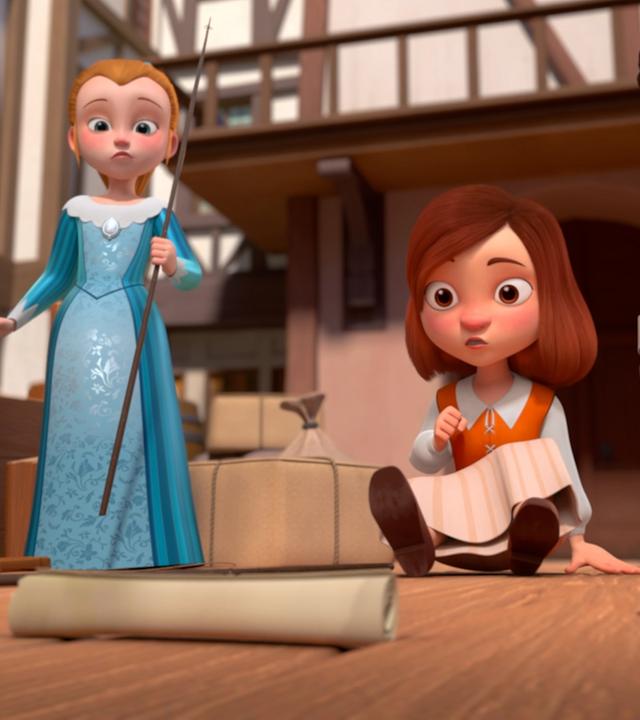 Charlotte sitzt auf dem Boden, vor ihr eine Schriftrolle etwas entfernt. Sie schaut entgeistert darauf. Links neben ihr steht Olivia mit einer Angel in der Hand, rechts steht Alex, ebenfalls mit einer Angel in der linken Hand. Die beiden schauen genauso verwundert wie Charlotte auf die Schriftrolle. Im Hintergrund sind Fachwerkhäuser.