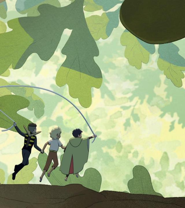 Leo, Tobie und Elisha springen Hand in Hand von einem dicken Ast eines Baumes. Um sie herum ist ein Faden gespannt, den Leo und Elisha in ihren Händen halten.