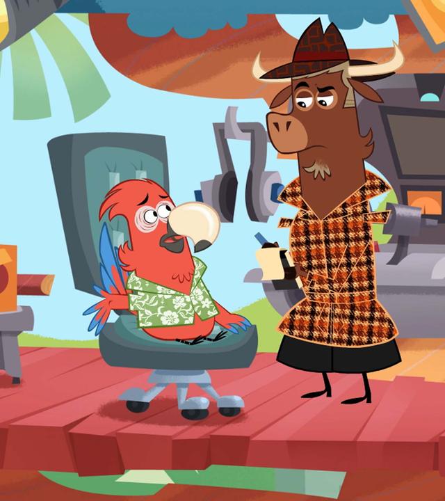 Sherlock Yack und Heißsporn Känguru verhören den Papagei im Sender. Er sitzt beängstigt auf einem Bürostuhl, während Sherlock Yack mit kritischem Blick Notizen in seinen Spiralblock macht.