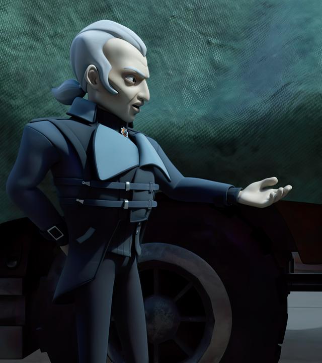 Graylock steht mit Klincus vor einem abgedeckten Gefährt in der Fabrik. Graylock reicht seinem Neffen eine Hand. Klincus blickt ihn fragend an.