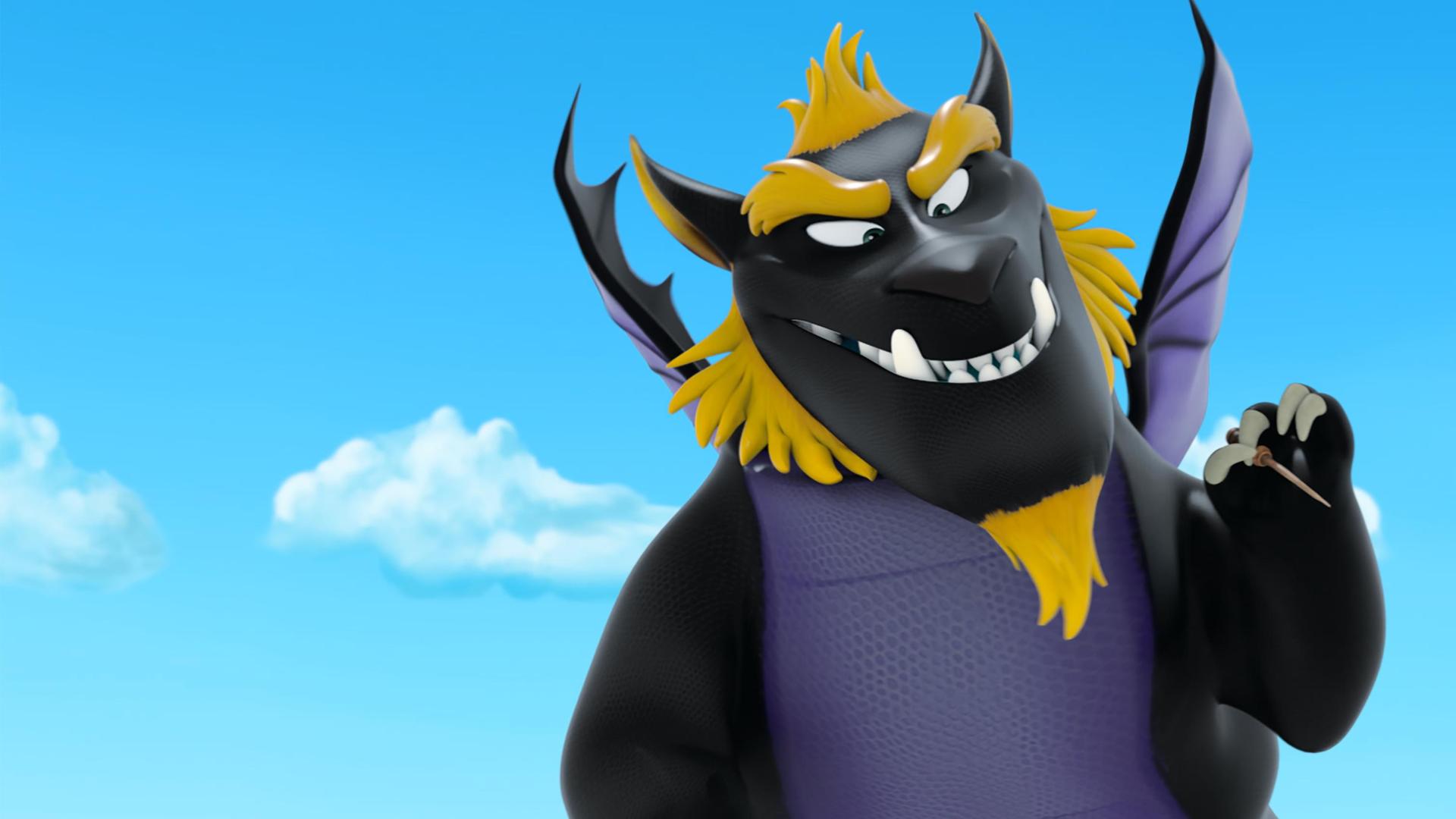 Drache Derke hat sich als böser Drache Malefikor verkleidet. Seine Arme und sein Gesicht sind schwarz, sein Bauch lila und seine Haare und sein Bart sind blond.