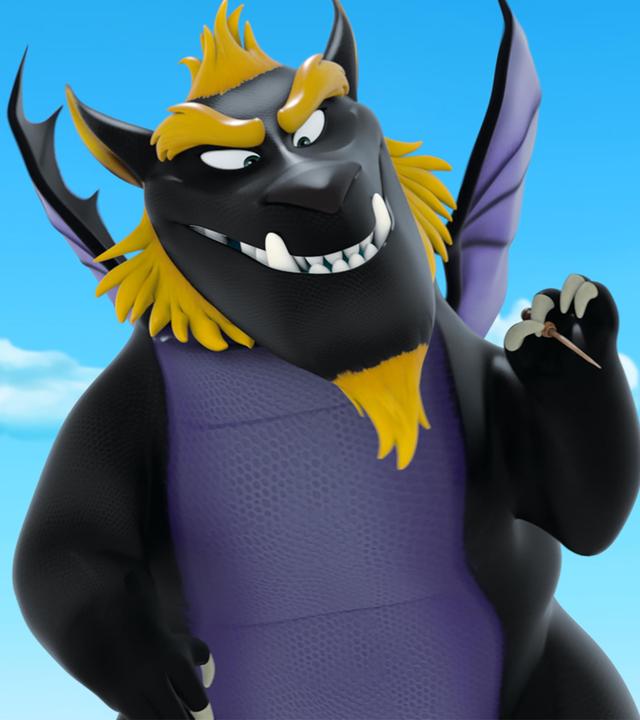 Drache Derke hat sich als böser Drache Malefikor verkleidet. Seine Arme und sein Gesicht sind schwarz, sein Bauch lila und seine Haare und sein Bart sind blond.