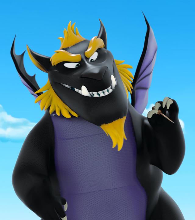 Drache Derke hat sich als böser Drache Malefikor verkleidet. Seine Arme und sein Gesicht sind schwarz, sein Bauch lila und seine Haare und sein Bart sind blond.