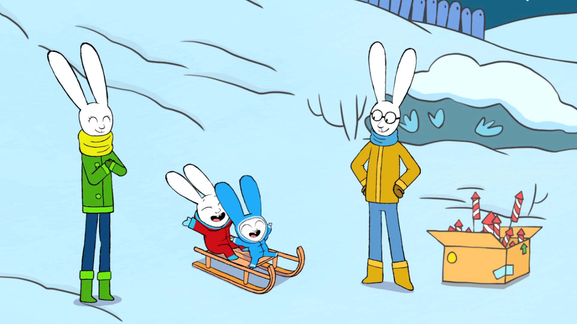 Mama, Papa, Simon und Franz befinden sich draußen im Schnee. Simon und Franz sitzen gemeinsam auf einem Schlitten und freuen sich riesig. Mama und Papa schauen die beiden liebevoll an. Neben Papa steht ein Karton mit Feuerwerksraketen im Schnee.