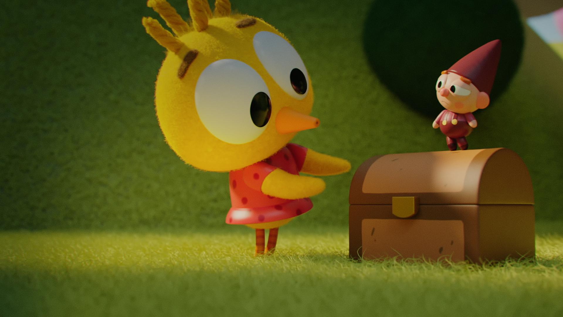 Auf einer Wiese stehen sich Küken Karla und Wichtel Bob gegenüber. Bob steht erhöht auf einer geschlossenen Schatztruhe und blickt zu Karla. Karla steht auf der Wiese und richtet ihren erstaunten Blick auf die Truhe.