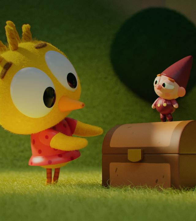 Auf einer Wiese stehen sich Küken Karla und Wichtel Bob gegenüber. Bob steht erhöht auf einer geschlossenen Schatztruhe und blickt zu Karla. Karla steht auf der Wiese und richtet ihren erstaunten Blick auf die Truhe.