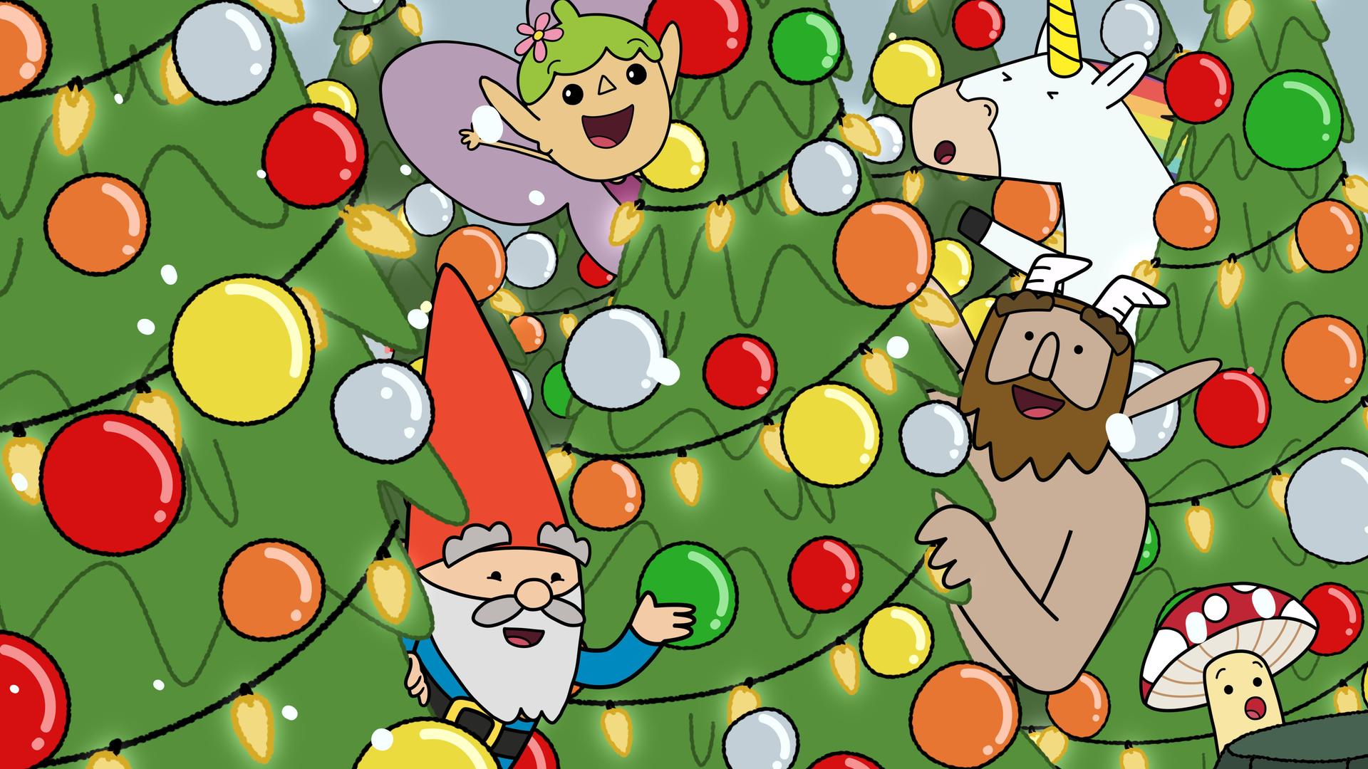 Zwischen Weihnachtsbäumen, die mit bunten Kugeln und Lichterketten geschmückt sind, schauen Herbert, Twinkle, Hufius, Blümchen und Tupfen hervor. Alle haben den Mund auf und freuen sich, denn erste Schneeflocken fallen vom Himmel.