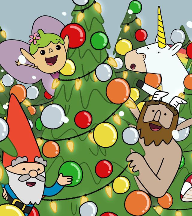 Zwischen Weihnachtsbäumen, die mit bunten Kugeln und Lichterketten geschmückt sind, schauen Herbert, Twinkle, Hufius, Blümchen und Tupfen hervor. Alle haben den Mund auf und freuen sich, denn erste Schneeflocken fallen vom Himmel.